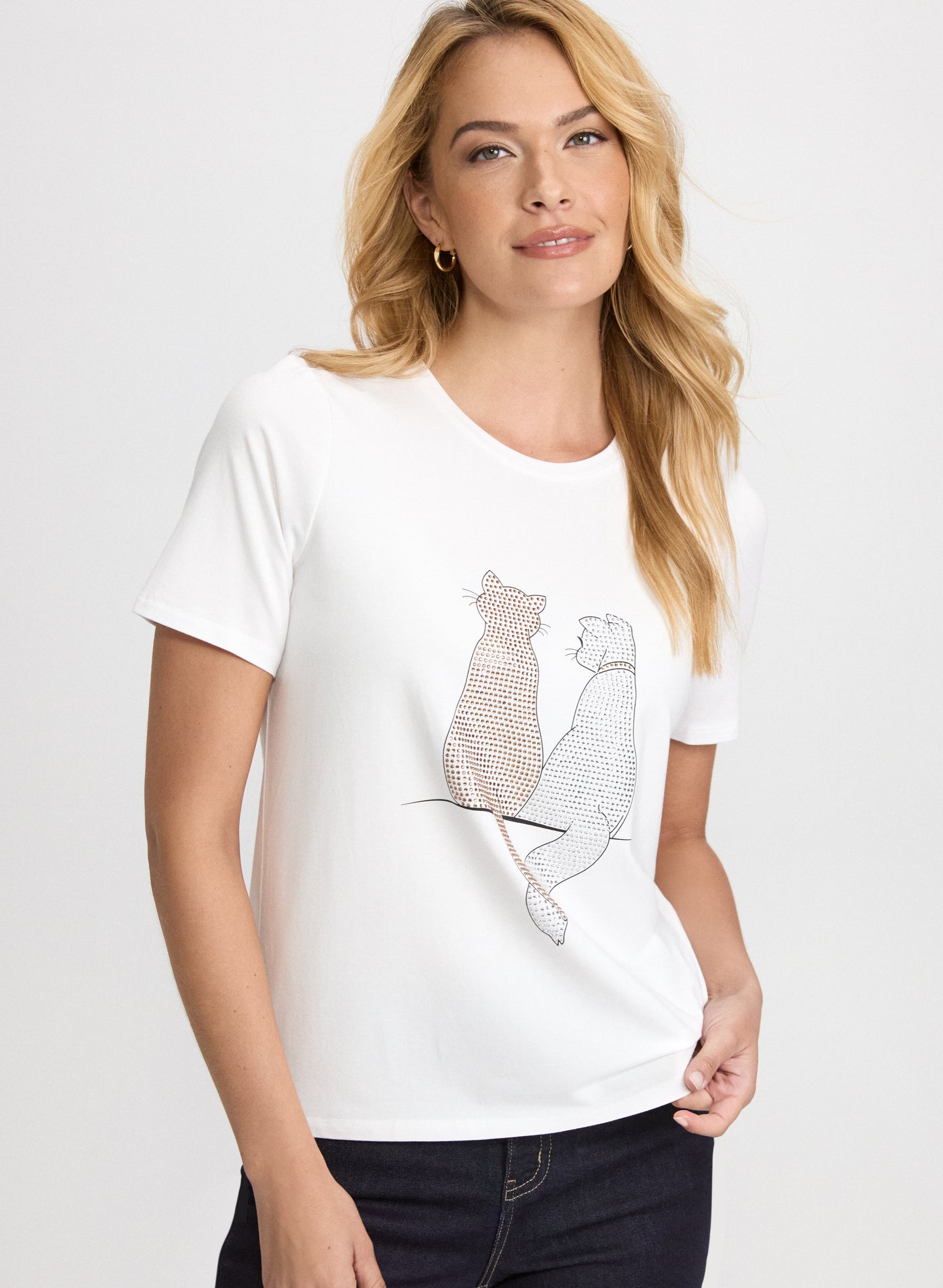 Embellished Cat Print T-Shirt