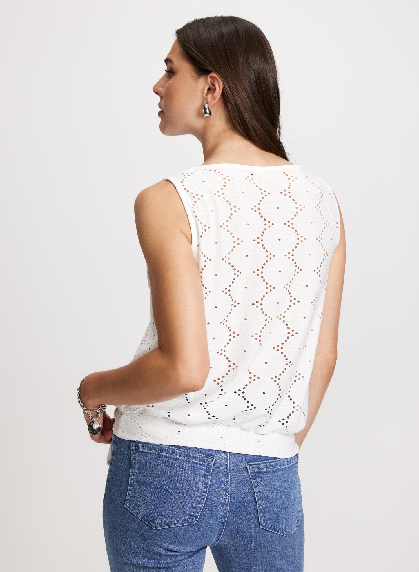 Sleeveless Boat-Neck Eyelet Top