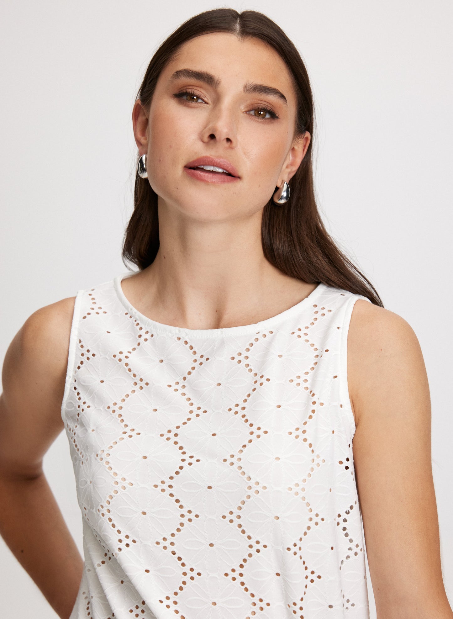 Sleeveless Boat-Neck Eyelet Top