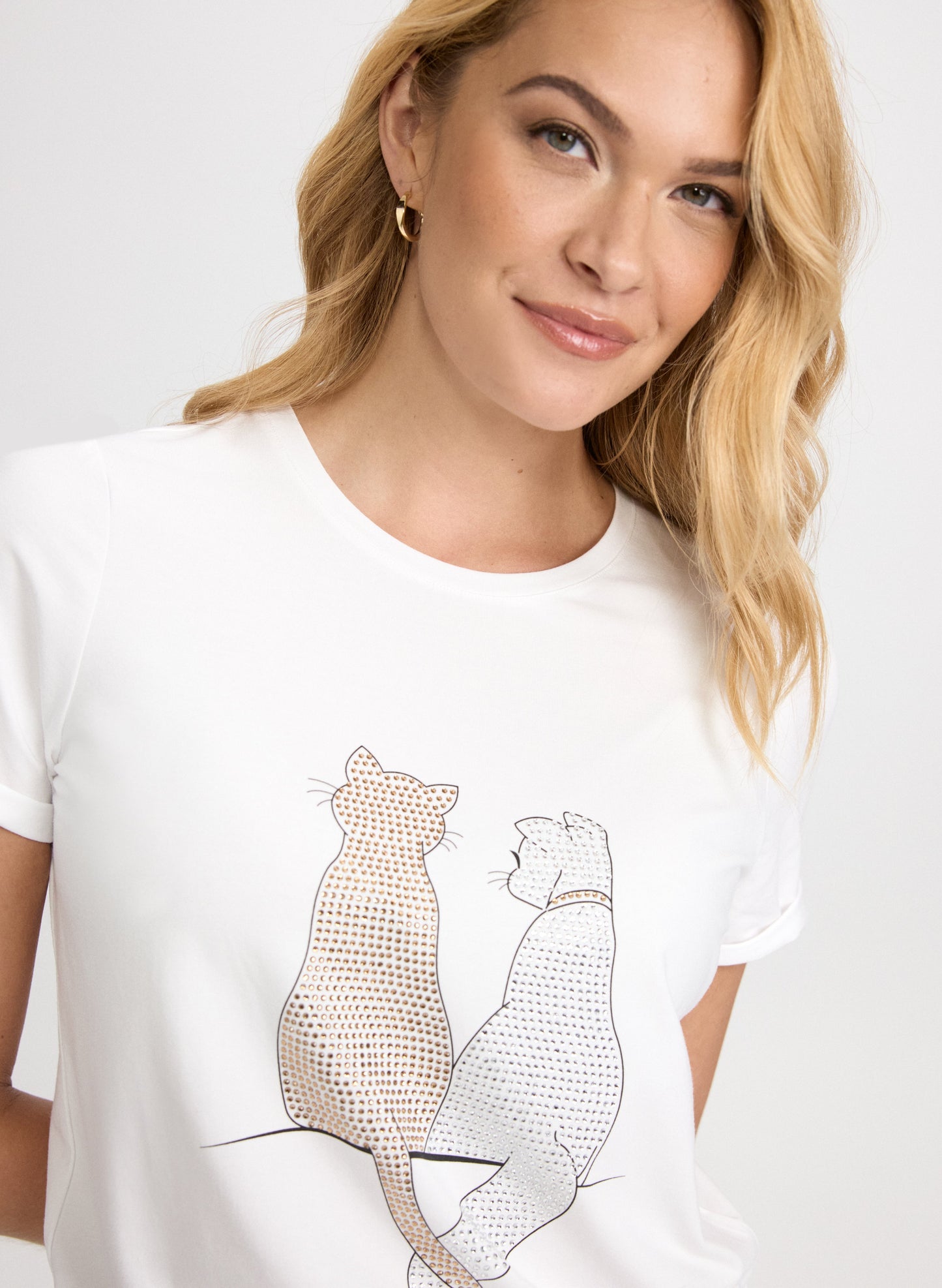 Embellished Cat Print T-Shirt